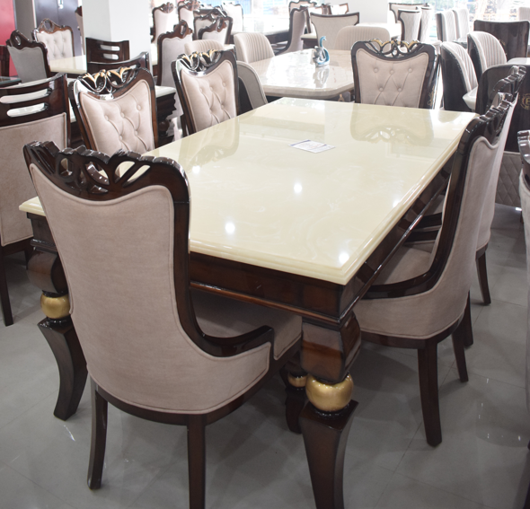 Luxury 6 Seater Designer Marble Top Dining Table Set with Upholstered Chairs