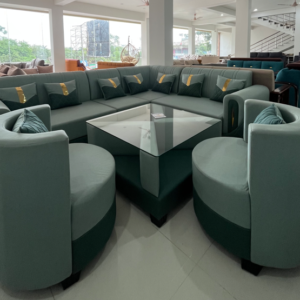 Premium U-Shaped Fabric Sofa Set with Glass Top Center Table & Accent Chairs