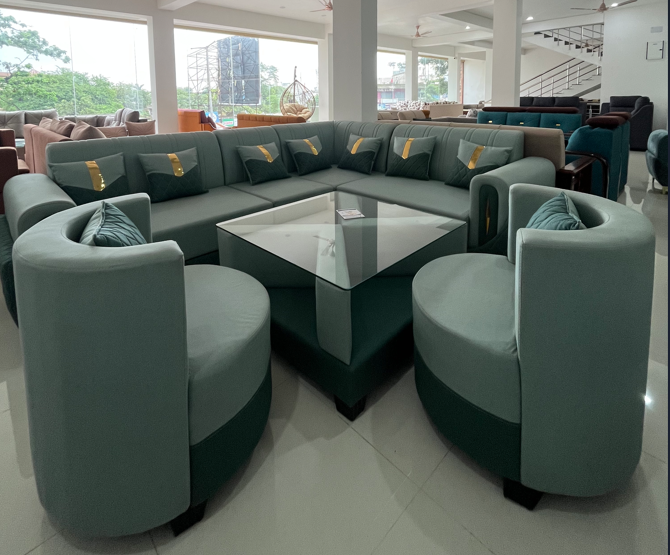 Premium U-Shaped Fabric Sofa Set with Glass Top Center Table & Accent Chairs