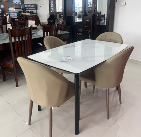 Modern 4 Seater Glass Top Dining Table Set with Upholstered Chairs
